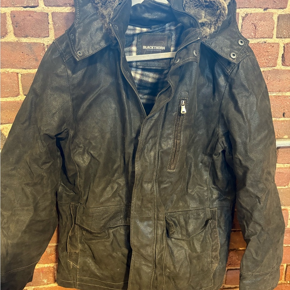 Men’s leather field jacket with fleece hood